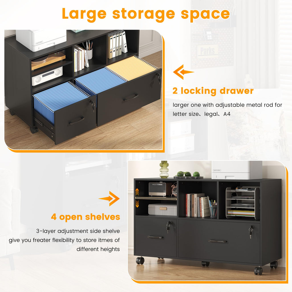 2 Drawer Wood Mobile Lateral File Cabinet with Storage Shelves, Black O88578
