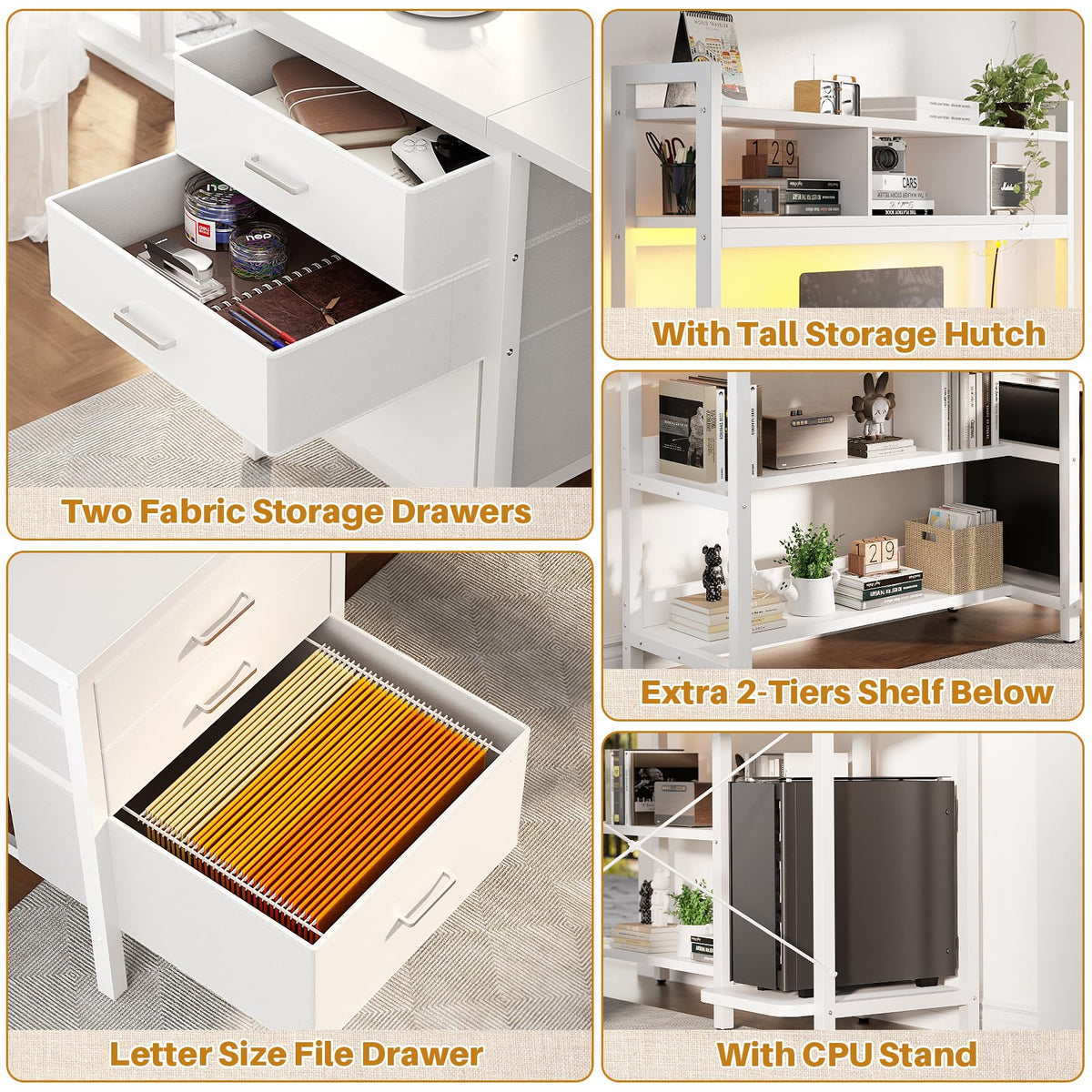 White L Shaped Gaming Desk with Hutch and Led Lights Y7582
