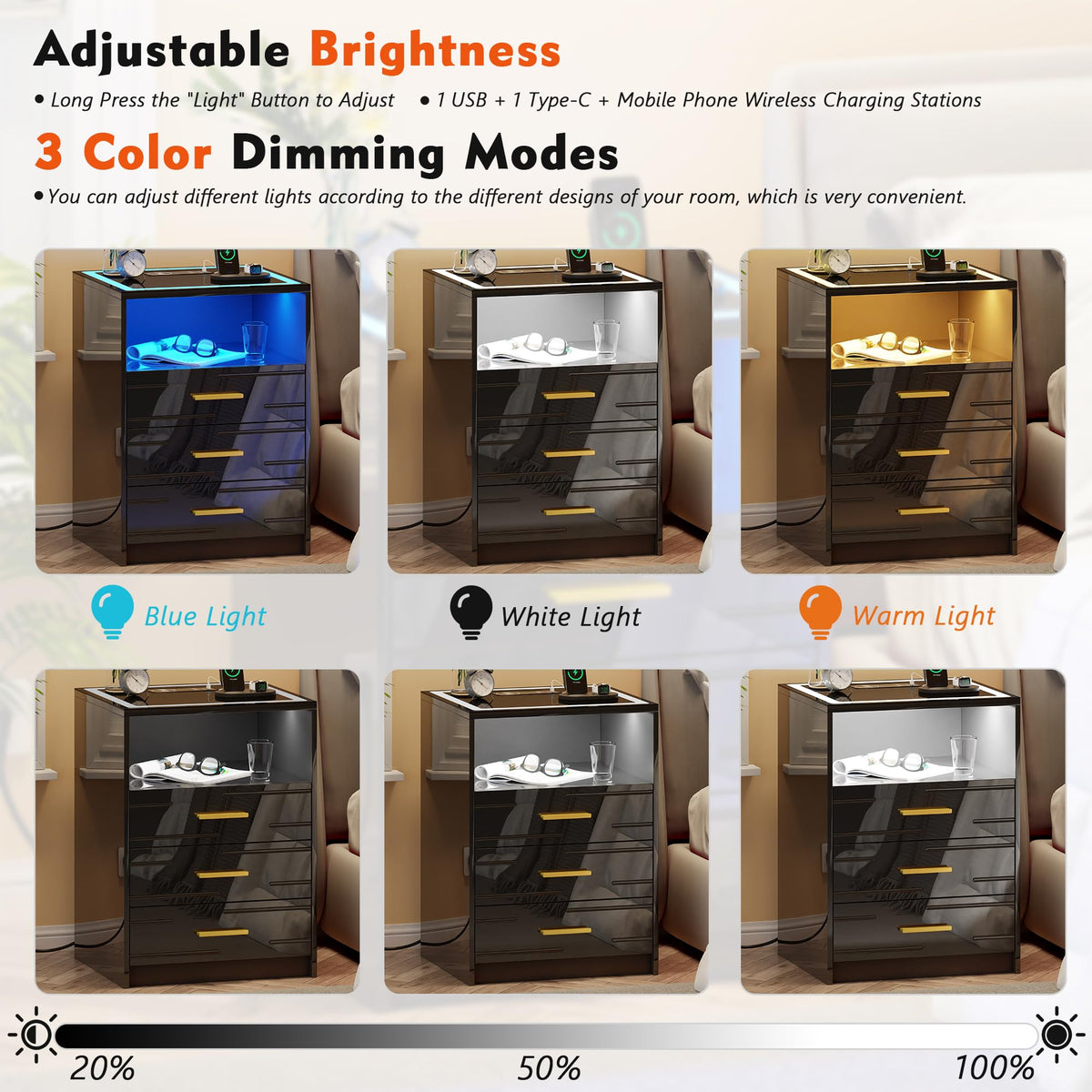 Black Glass Top 3 Drawer Nightstand with Wireless Charging O77040