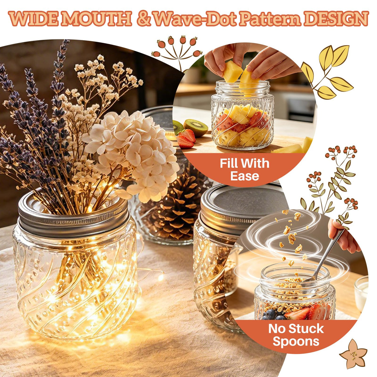 16oz Wide Mouth Mason Jars with Lids and Bands, 8 Pack D419