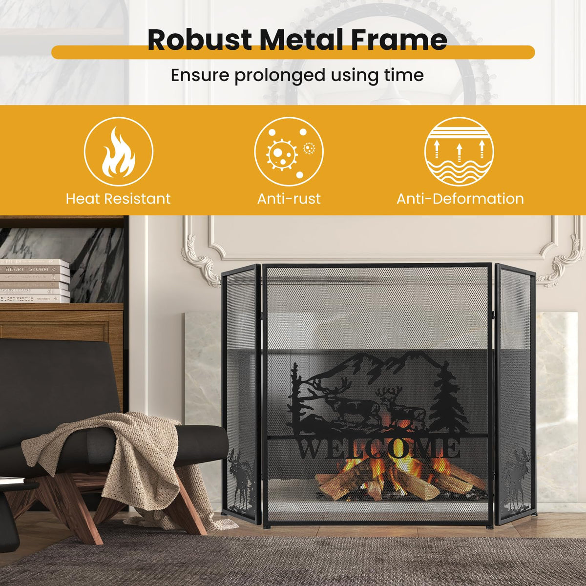 Foldable Fireplace Screen with Moose Pattern K79570