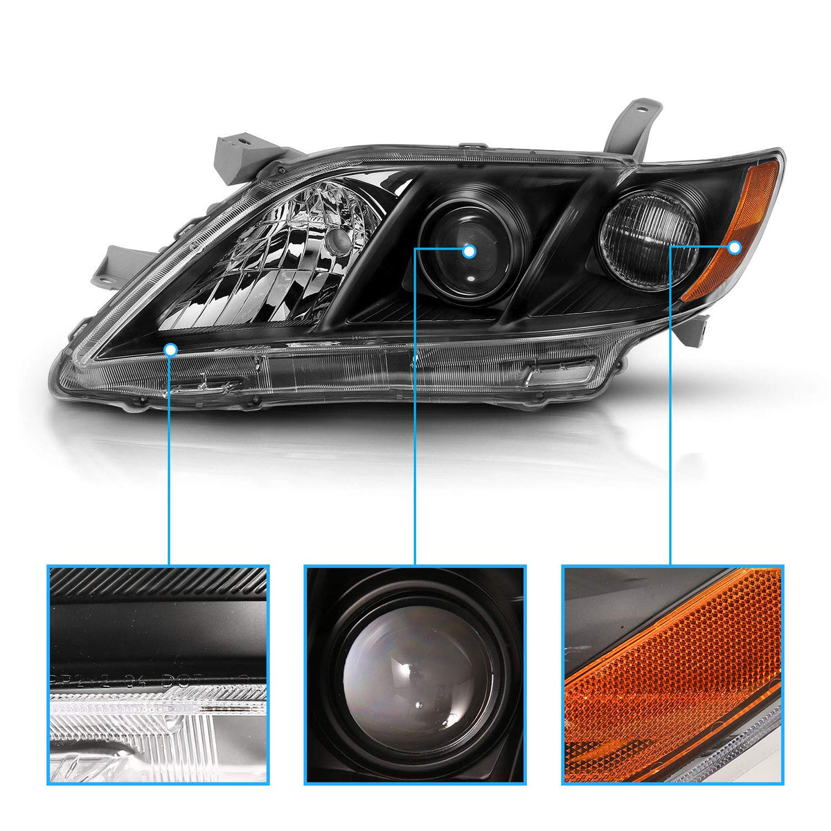 2007-2009 Toyota Camry Black Projector Headlight Assembly Pair Q7120