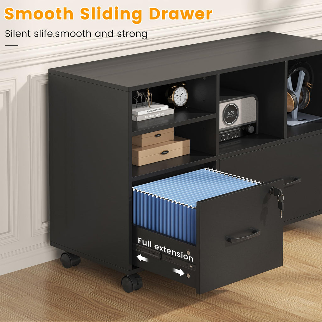 2 Drawer Wood Mobile Lateral File Cabinet with Storage Shelves, Black O88578
