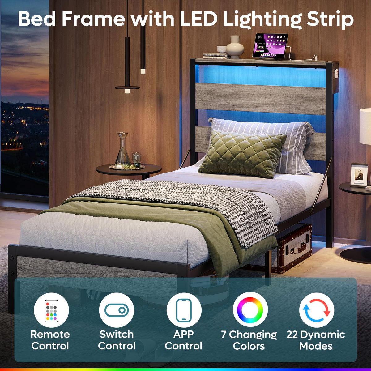 Grey Twin Platform Bed Frame with Storage Headboard X8102