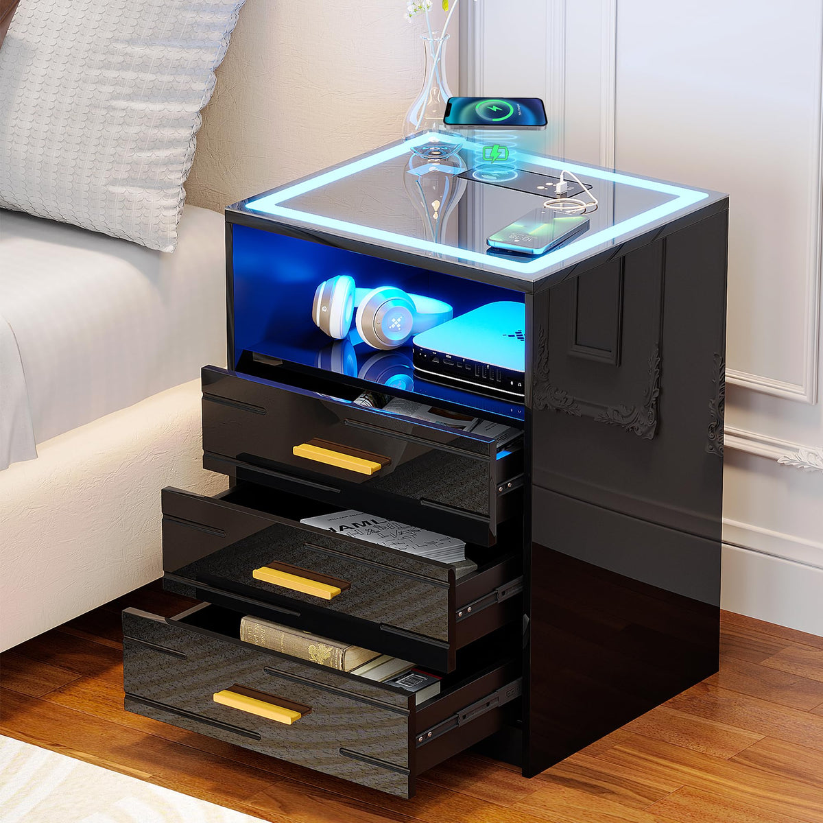 Black Glass Top 3 Drawer Nightstand with Wireless Charging O77040