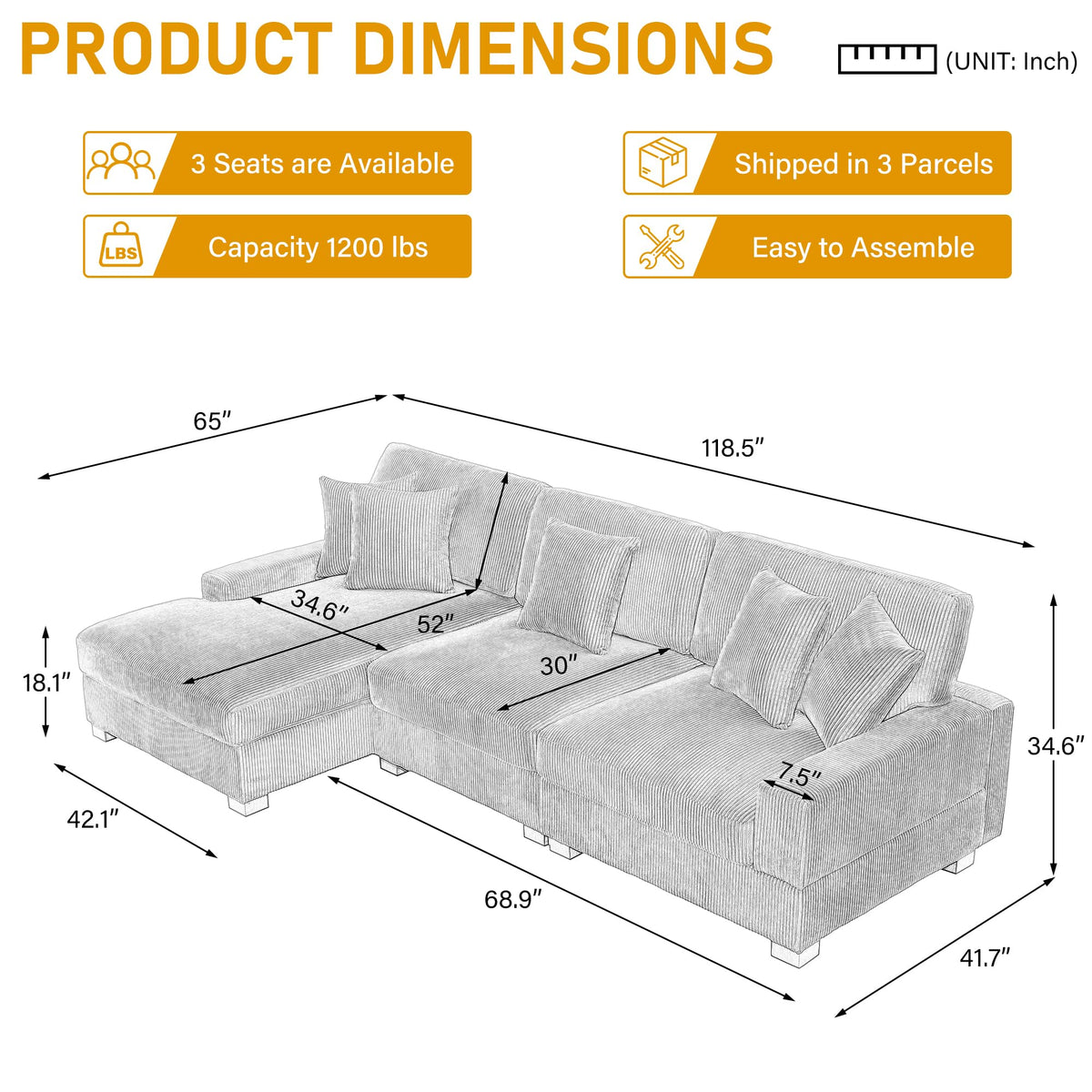 118" Light Gray Corduroy Modular Sectional Sofa with L-Shape Chaise R308