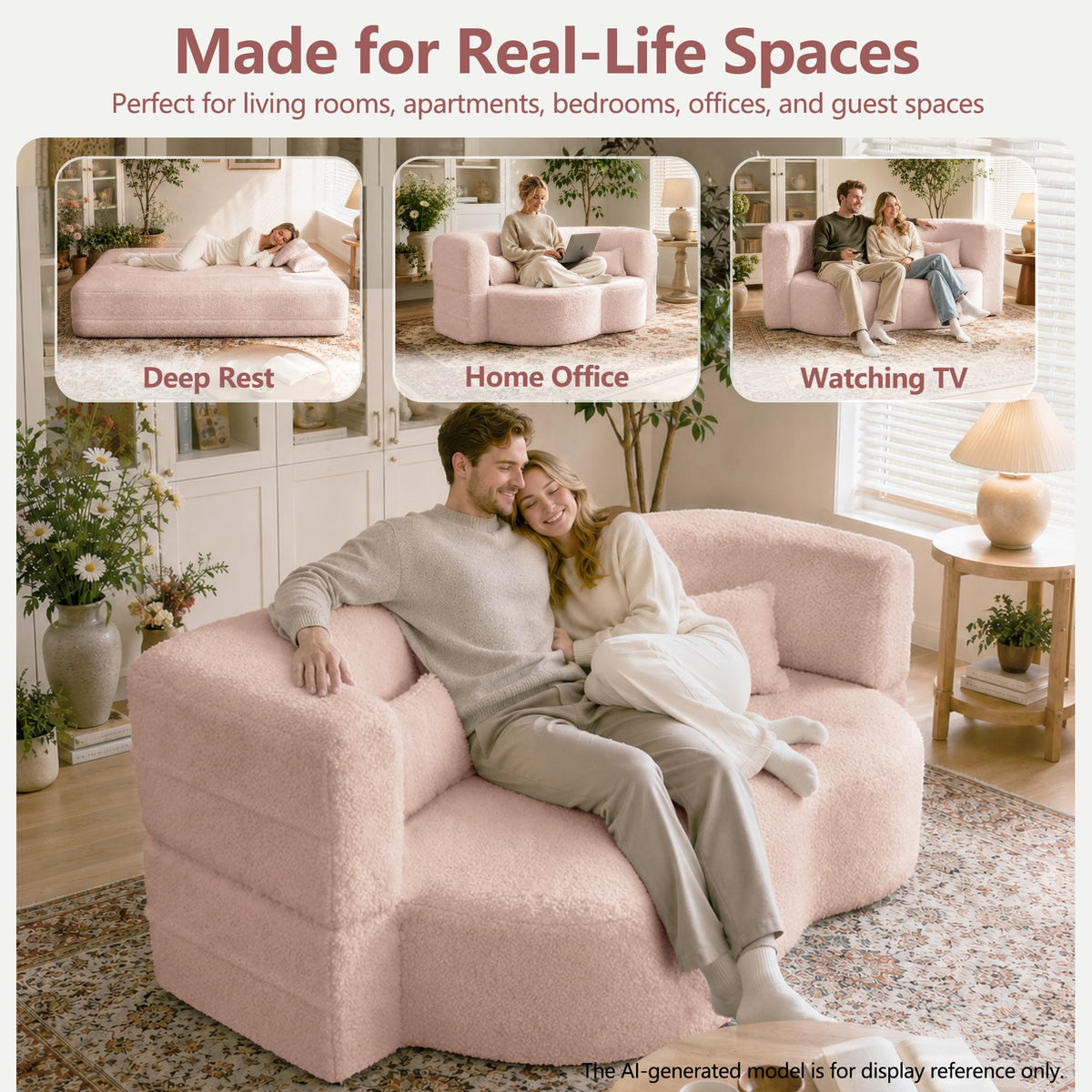 78" Pink Sherpa Futon Sofa Bed U8611