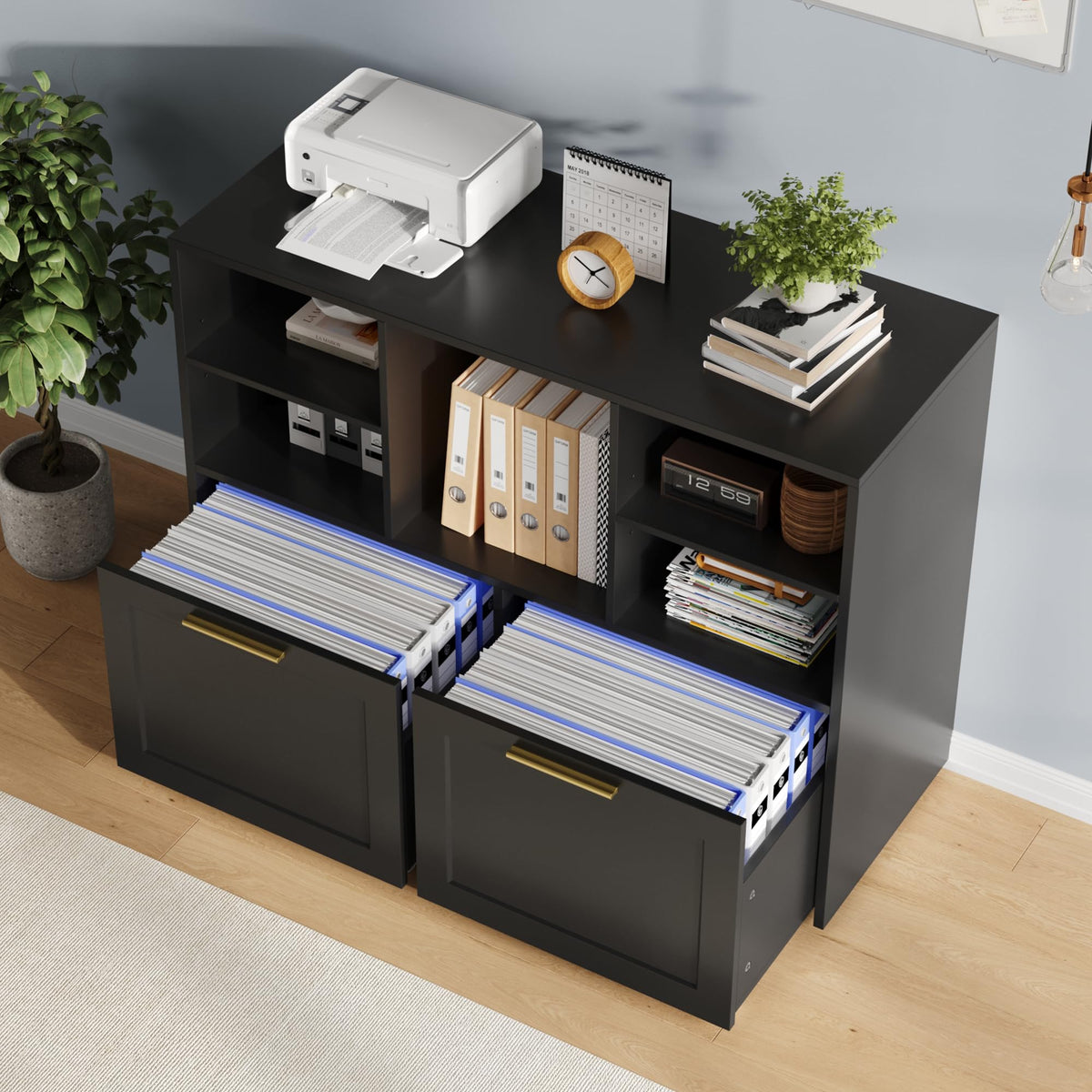 Black 2 Drawer Lateral File Cabinet with Open Storage Cubes K398