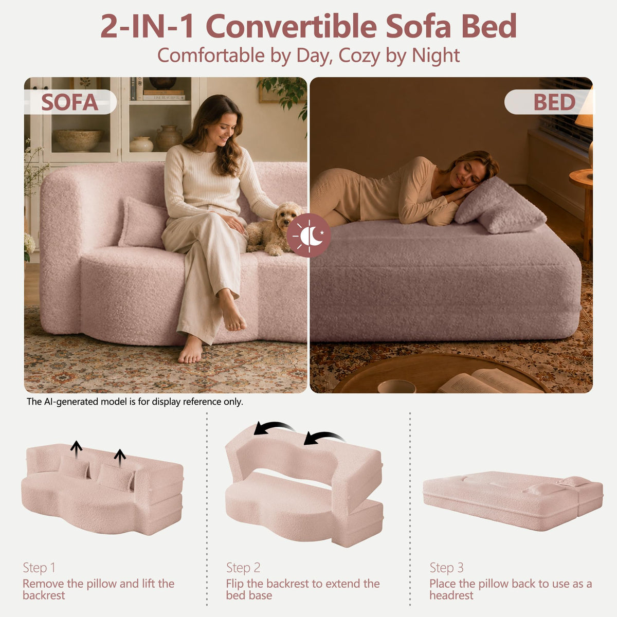 78" Pink Sherpa Futon Sofa Bed U8611
