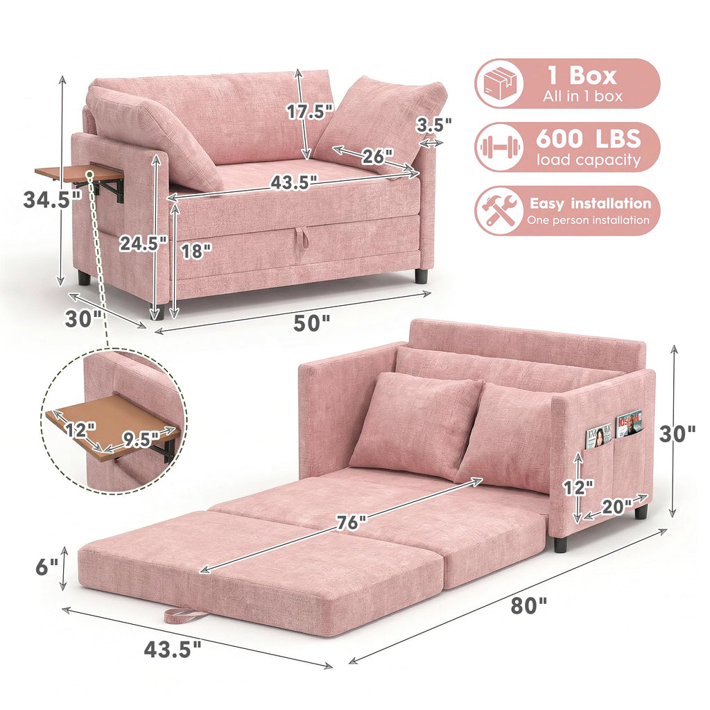 Pink Convertible Sofa Bed with Side Table X698