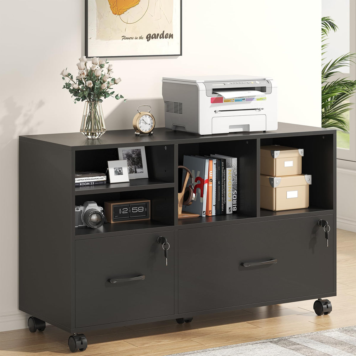 2 Drawer Wood Mobile Lateral File Cabinet with Storage Shelves, Black O88578