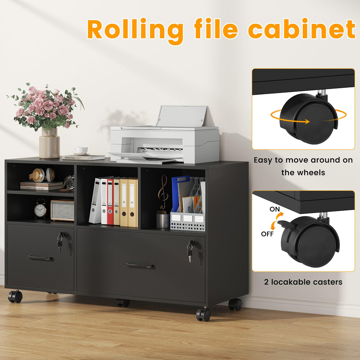 2 Drawer Wood Mobile Lateral File Cabinet with Storage Shelves, Black O88578