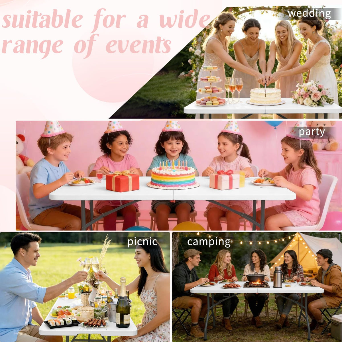 2 Pack 6 Feet Portable Folding Table White Plastic V5741