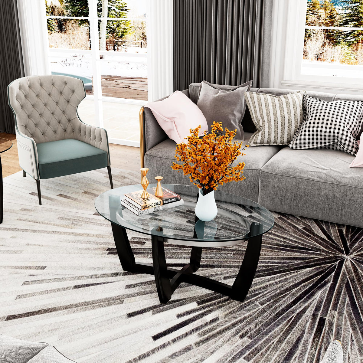 Oval Wood Glass Coffee Table Z152128