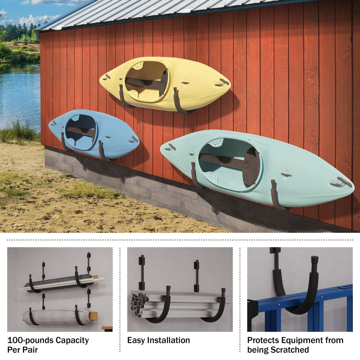 2-Pack Kayak Storage Hook Sets Wall Mount Hangers 100lb Capacity A473