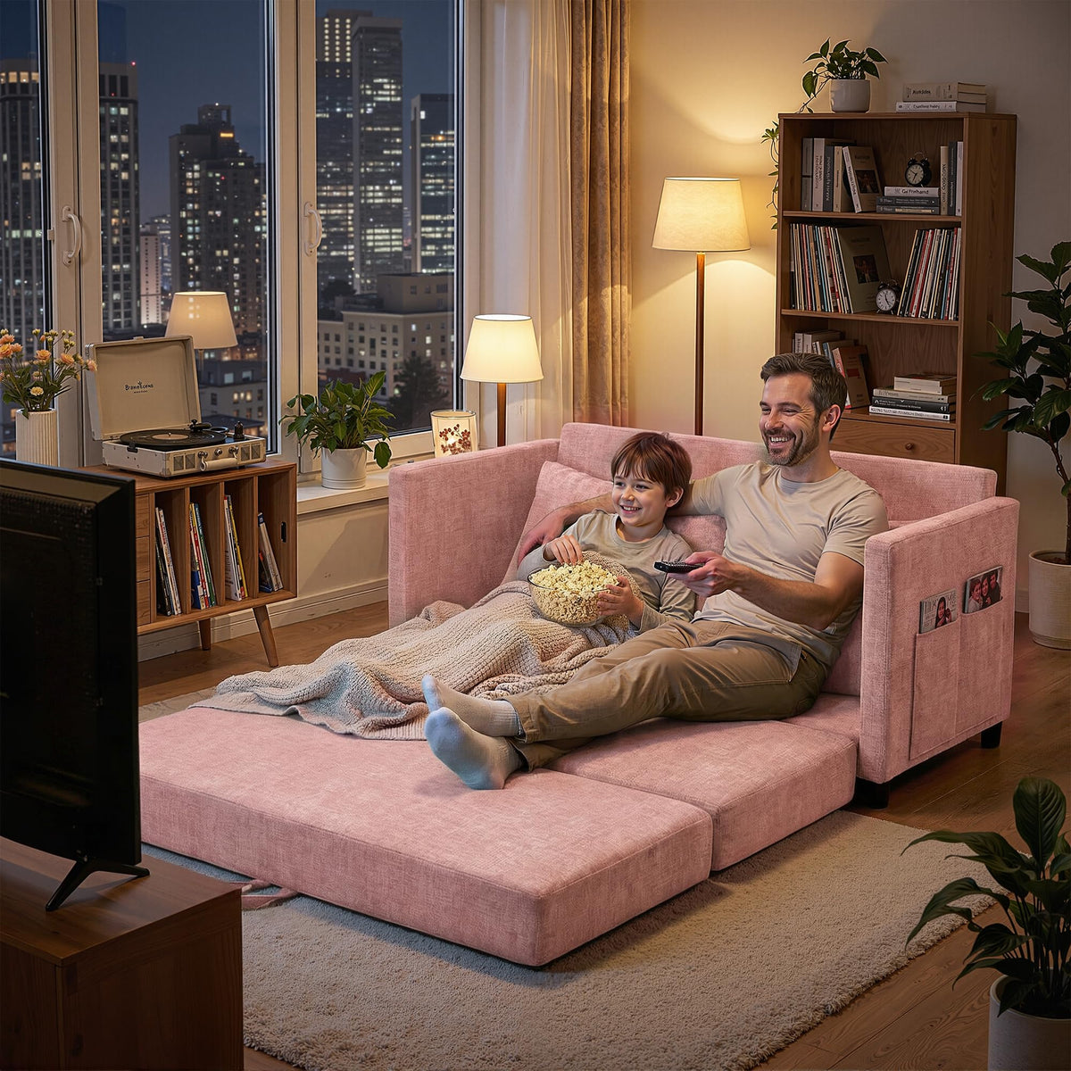 Pink Convertible Sofa Bed with Side Table X698