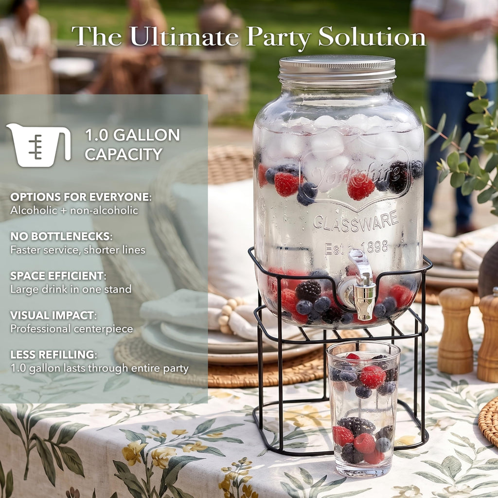 Mason Jar Glass Beverage Dispenser with Metal Stand, 1 Gal D30038