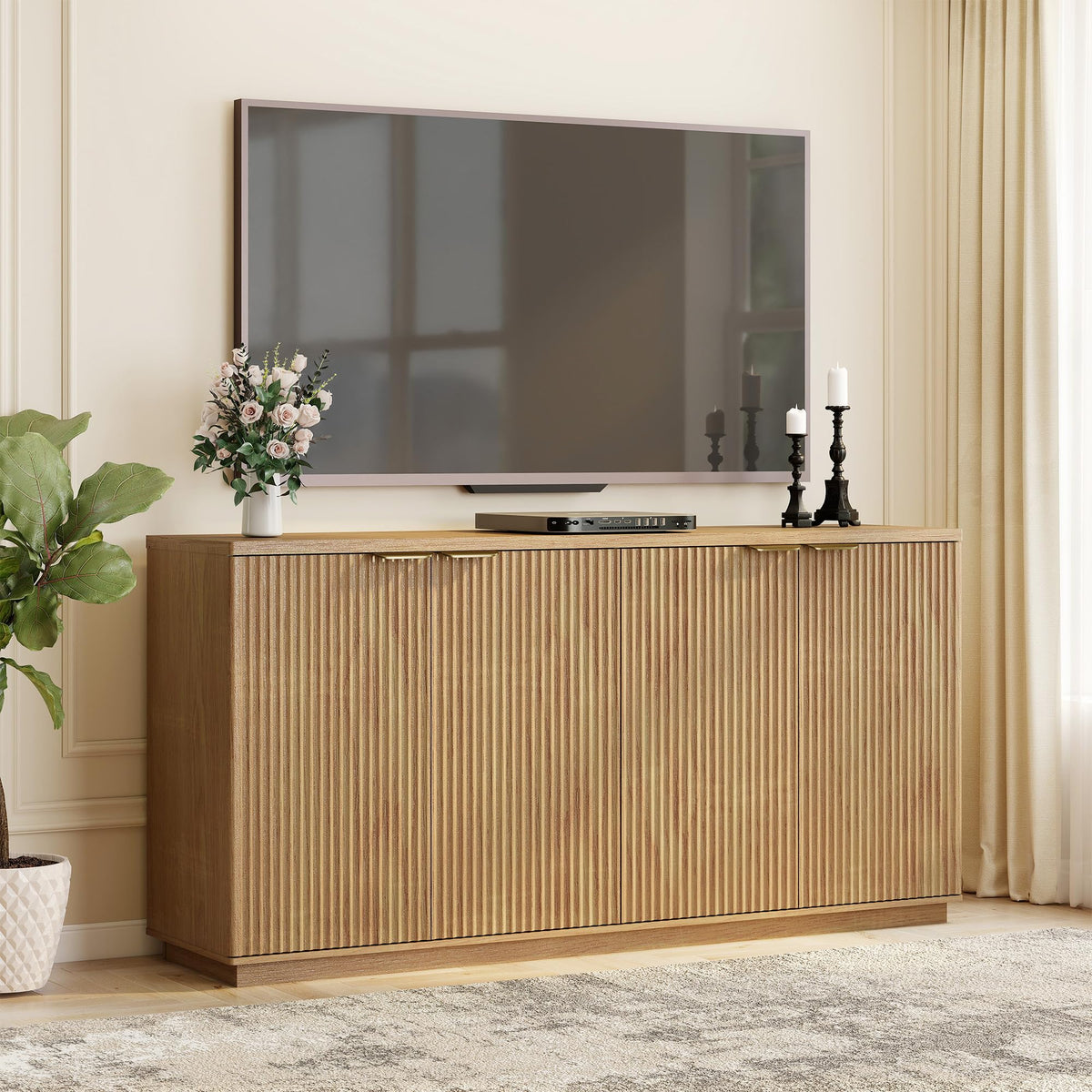 Natural Oak Fluted Wooden Sideboard Cabinet with 4 Doors I199849