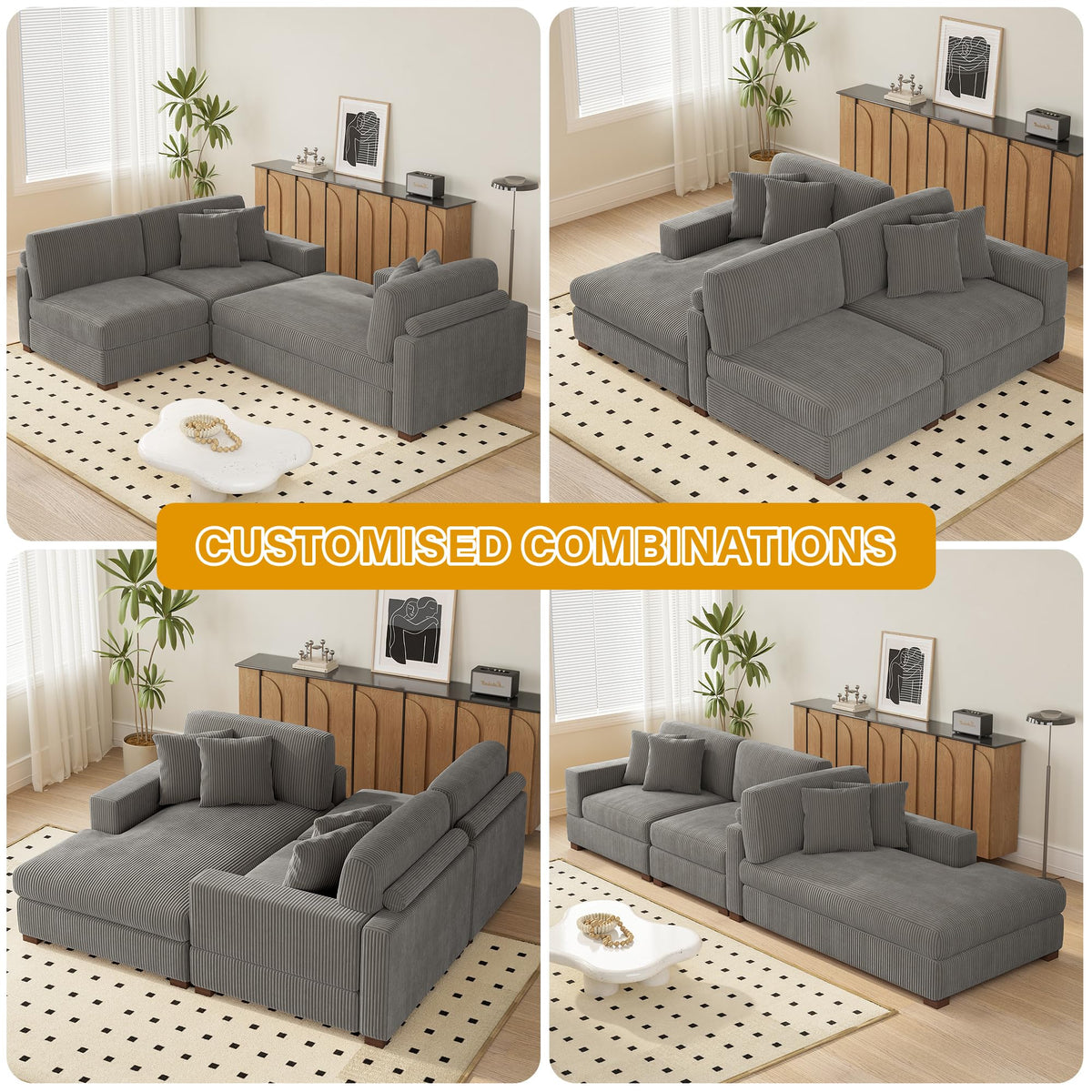 118" Light Gray Corduroy Modular Sectional Sofa with L-Shape Chaise R308