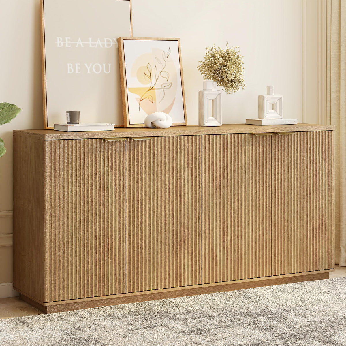 Natural Oak Fluted Wooden Sideboard Cabinet with 4 Doors I199849