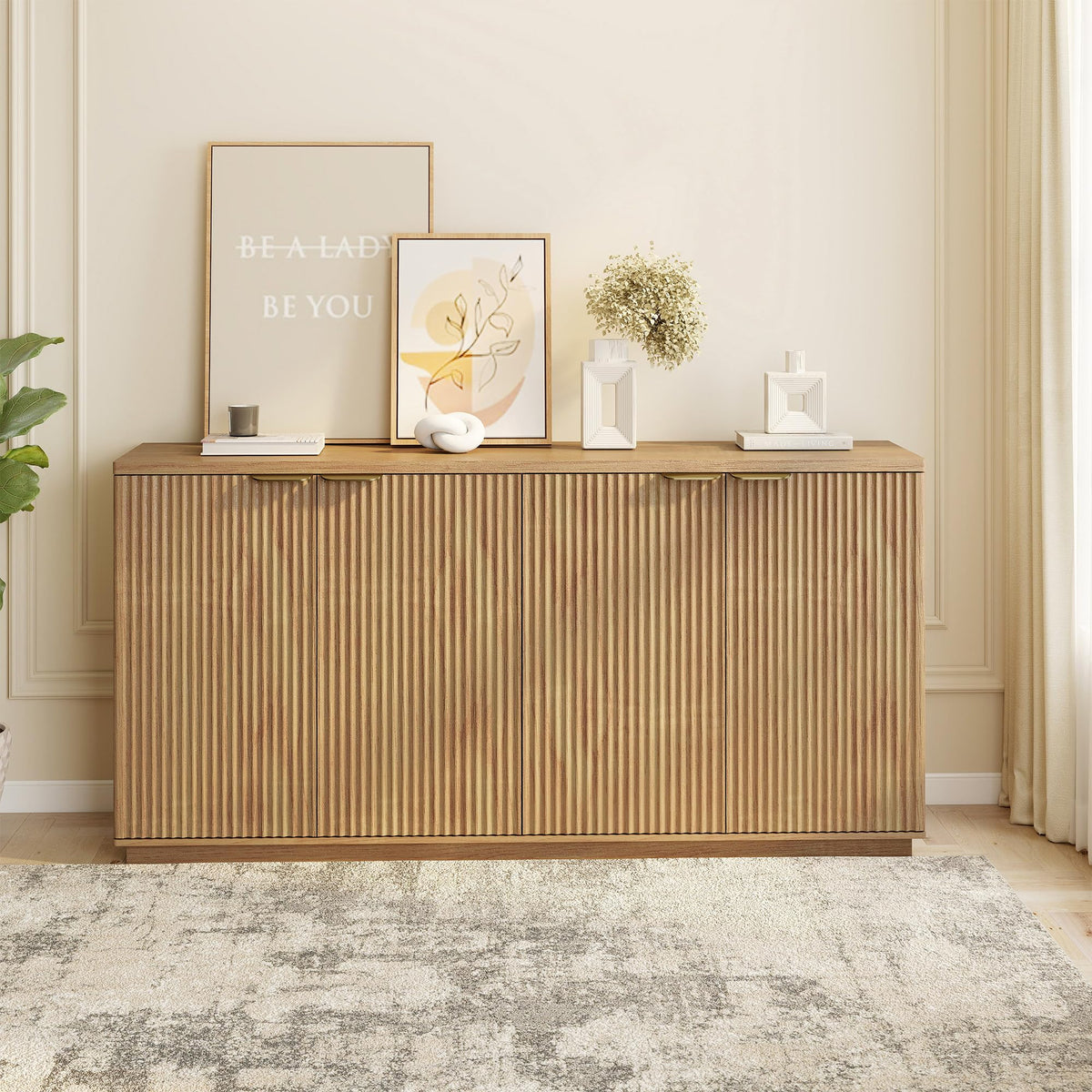 Natural Oak Fluted Wooden Sideboard Cabinet with 4 Doors I199849