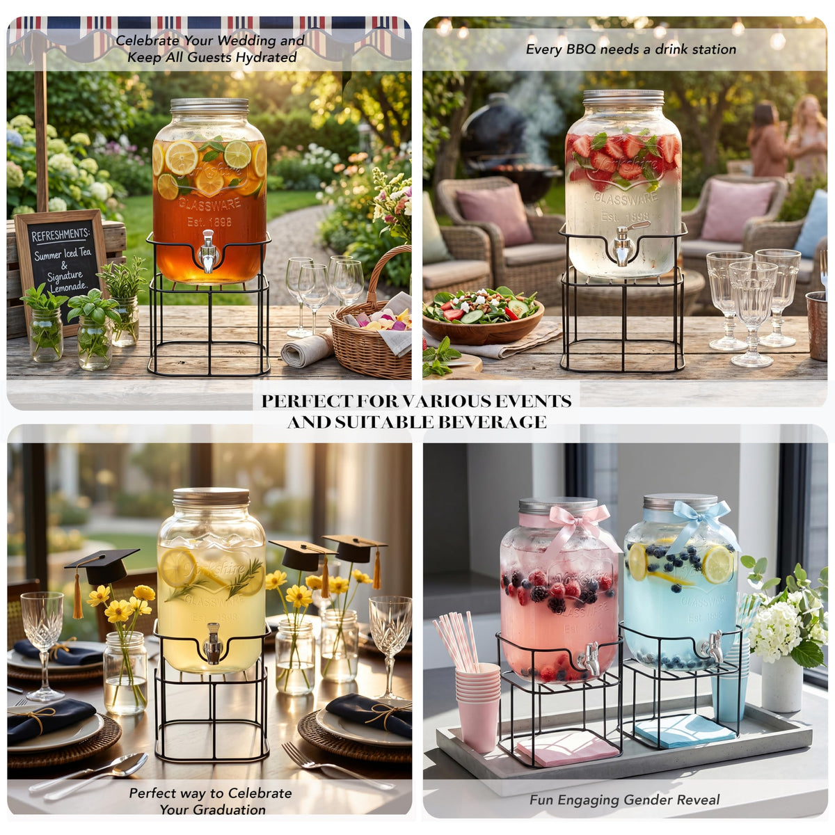 Mason Jar Glass Beverage Dispenser with Metal Stand, 1 Gal D30038