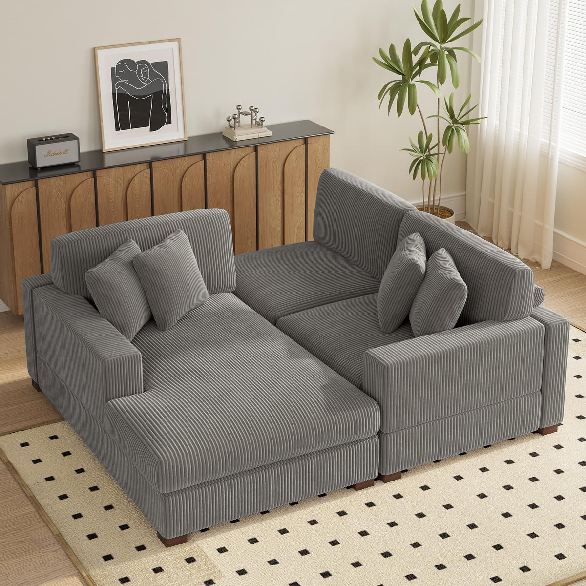 118" Light Gray Corduroy Modular Sectional Sofa with L-Shape Chaise R308
